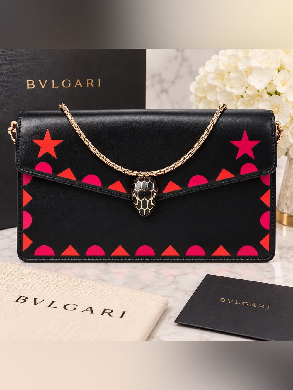 Bvlgari Serpenti Forever 2017 Geometric Stars Black Leather Chain Shoulder Bag